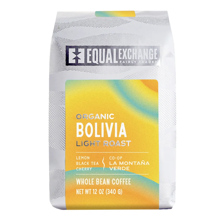 A white and yellow package reads "Organic Bolivia, Light Roast" against a white background.
