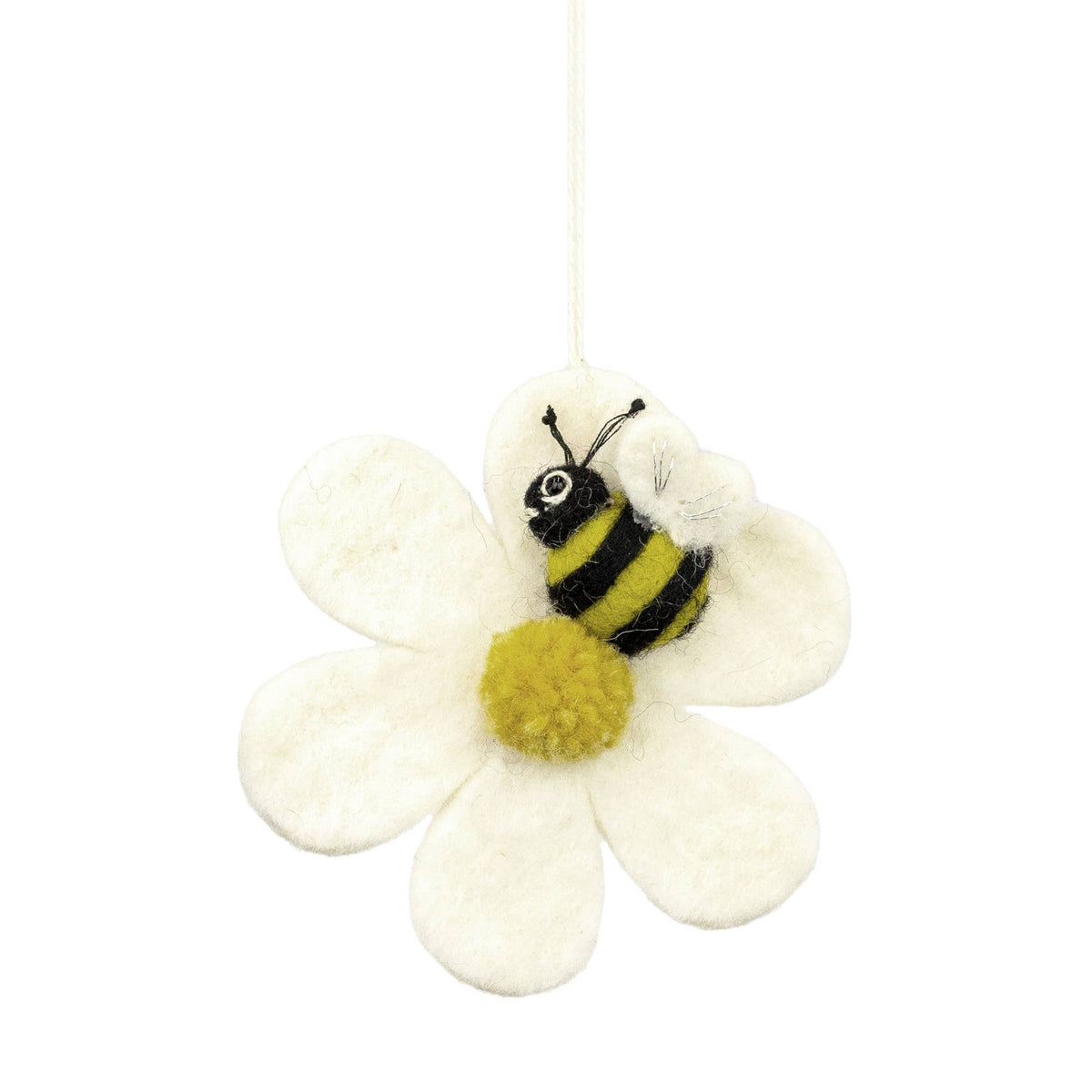 Decorative felt bee on a white flower with a yellow center against a white background