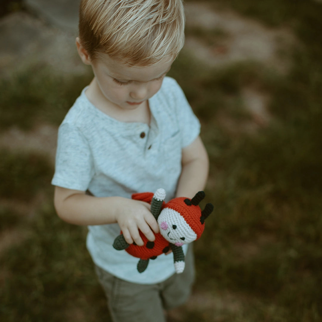 Child holding a red and black ladybug plush toy outdoors