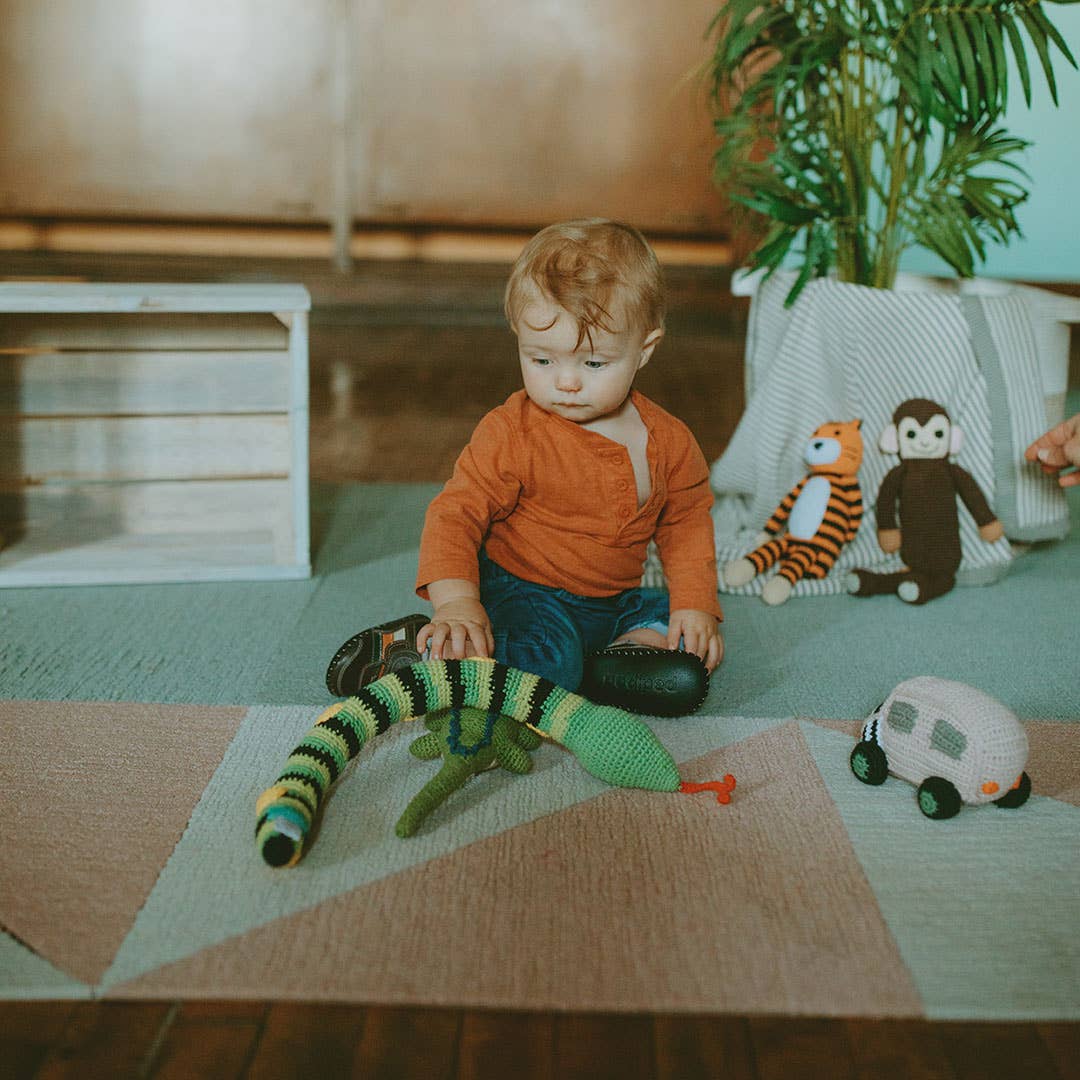 Child playing with toys on a rug in a home setting