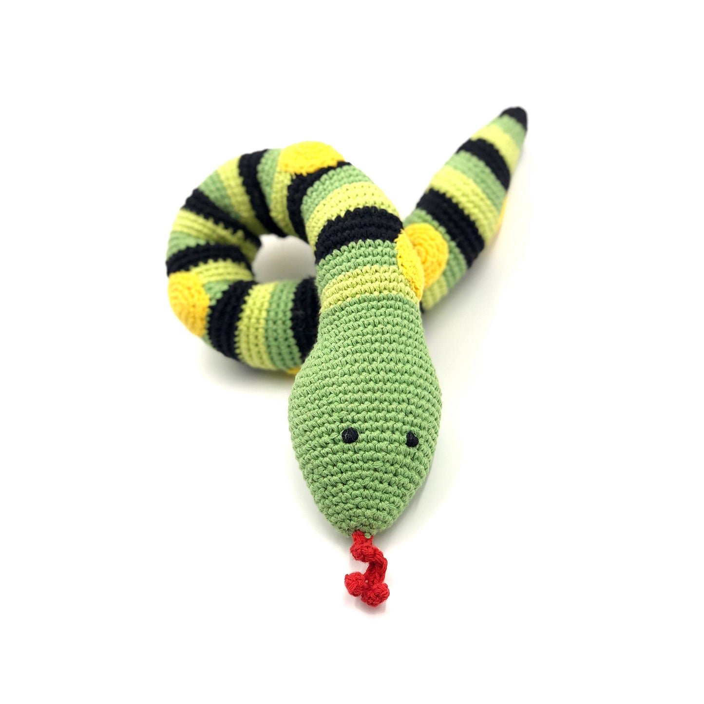 Crocheted snake toy with green body, yellow and black striped pattern, and red tail on a white background
