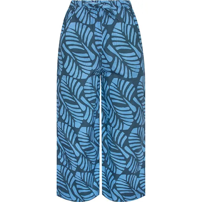 Blue patterned pants on a white background