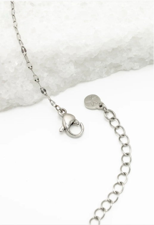 Detail photo of a silver chain necklace lobster clasp on a white background