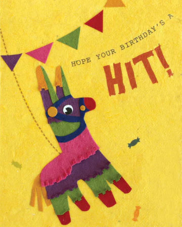 A colorful birthday card featuring a cartoon illustration of a piñata with the text 'HIT!' and birthday greetings.