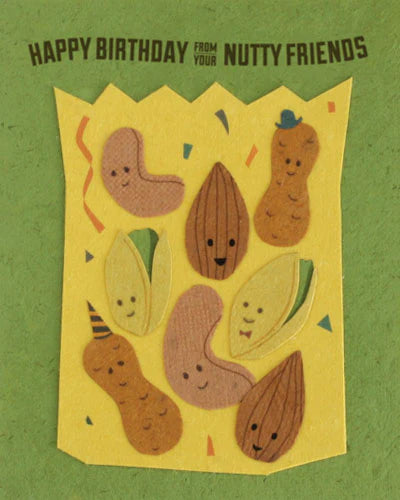 Birthday card with cartoon nut characters on a green background
