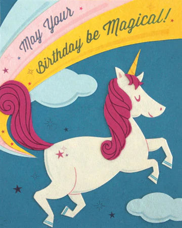 A colorful birthday card featuring a white unicorn with a pink mane and a rainbow in the background, with text that reads 'May Your Birthday be Magical!'.