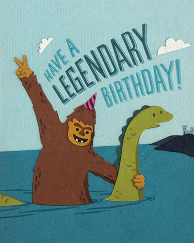 Cartoon character in a bigfoot costume holding Nessie with 'Have a Legendary Birthday!' text on a blue background.