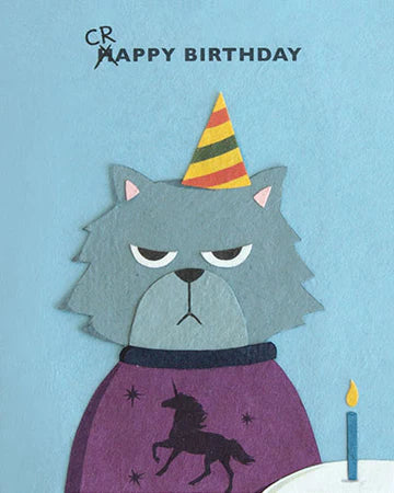 A birthday card featuring a grumpy cartoon cat wearing a party hat with a birthday message.