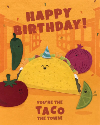 Birthday card with a taco and vegetables on an orange background