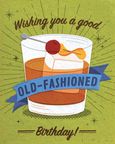 Birthday card with an illustration of an old-fashioned cocktail and text on a green background