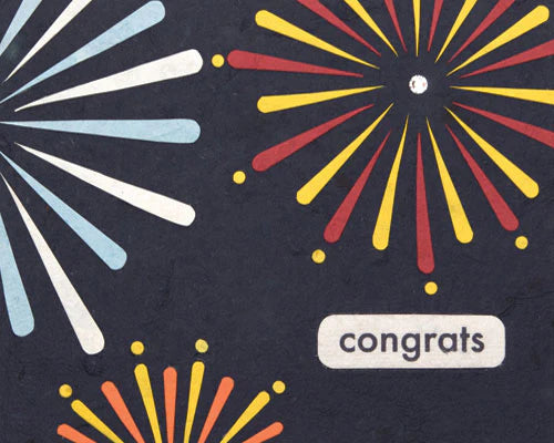 A greeting card with a 'congrats' text and colorful firework illustrations in the background.