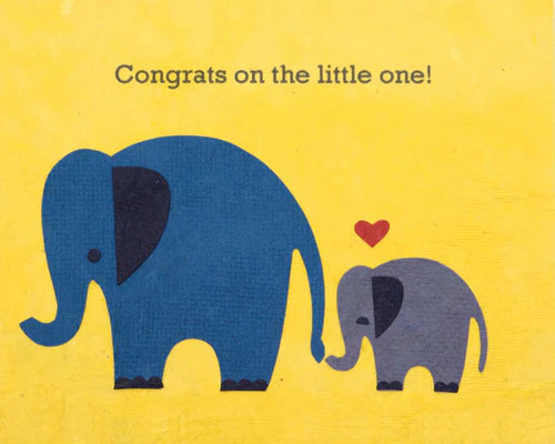 A greeting card with illustrations of a blue elephant and a smaller gray elephant, with a yellow background. The text on the card reads 'Congrats on the little one!'.