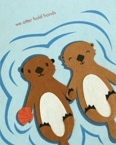Two cartoon otters holding hands with text 'we otter hold hands' on a blue wave background