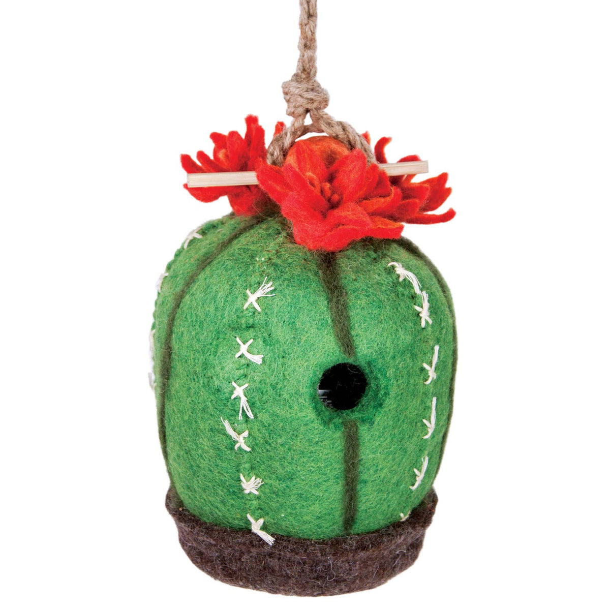 Cactus-shaped birdhouse with red flowers on a white background