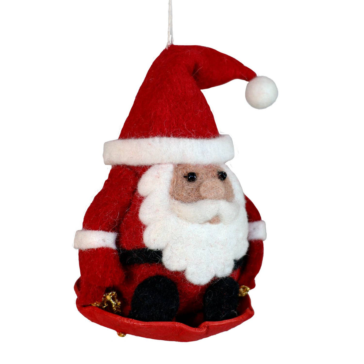 A felt Christmas ornament shaped like a seated Santa Claus, with a red hat and beard, white trim, black boots, and small gold bells, shown on a plain white background.