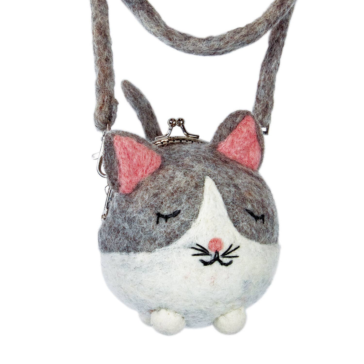 Cat-shaped felt purse with pink ears and white face on a white background