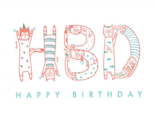 Cartoon cats forming the word 'HBD' with 'Happy Birthday' text on a white background