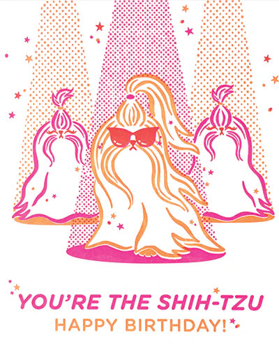 Illustration of a Shih-Tzu dog with sunglasses and text 'You're the Shih-Tzu Happy Birthday!' on a polka dot background.