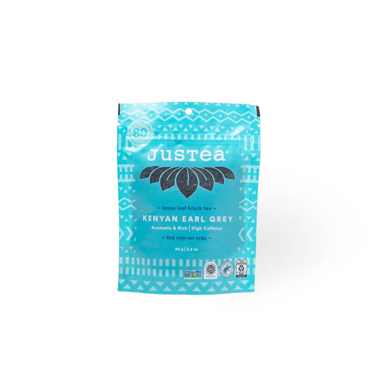 Justea Kenyan Earl Grey tea package on a white background
