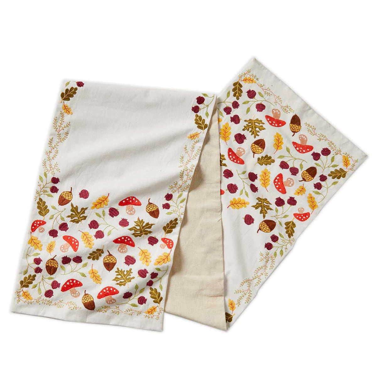 Cream-colored cotton table runner with hand-embroidered autumn leaves, Indian poppies and red-and-white mushrooms.