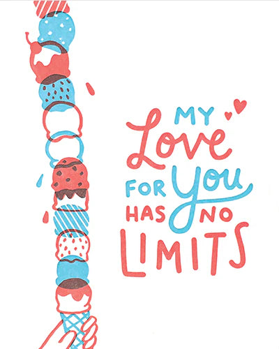 A greeting card with a colorful graphic of a cartoonish cup stack with the phrase 'MY LOVE FOR YOU HAS NO LIMITS' written in stylized lettering.