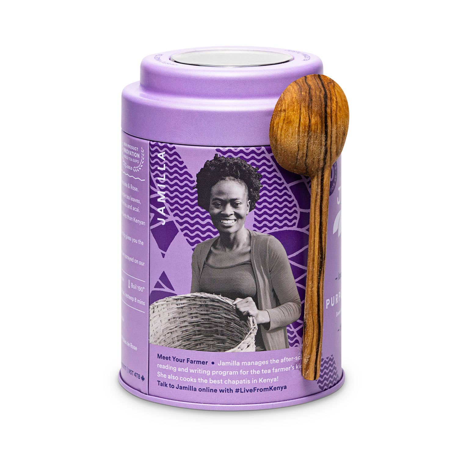 Purple tea tin canister with a wooden spoon on a white background.