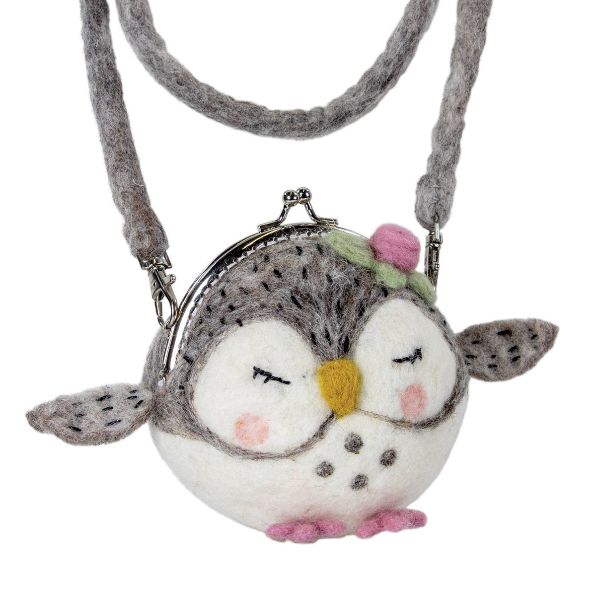 Felted owl-shaped purse with a strap on a white background