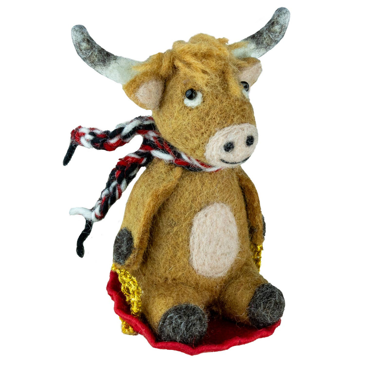 Stuffed toy bull ornament with a plaid scarf on a white background
