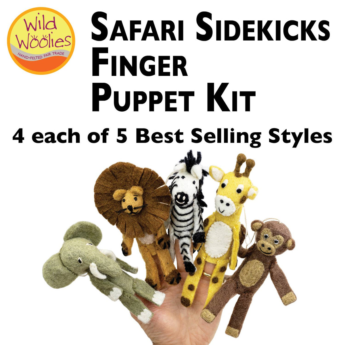 A hand wearing five safari-themed finger puppets: an elephant, lion, zebra, giraffe, and monkey. Large text reads 'Safari Sidekicks Finger Puppet Kit' with a Wild Woolies logo in the top left on a white background.