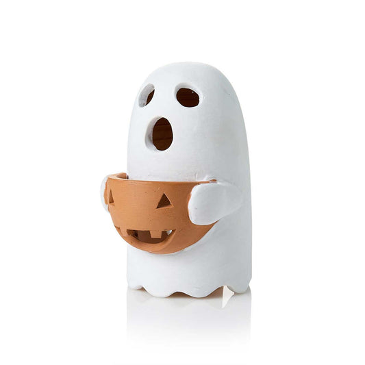 Terracotta lantern in the shape of a white ghost holding an orange jack o lantern on a white background