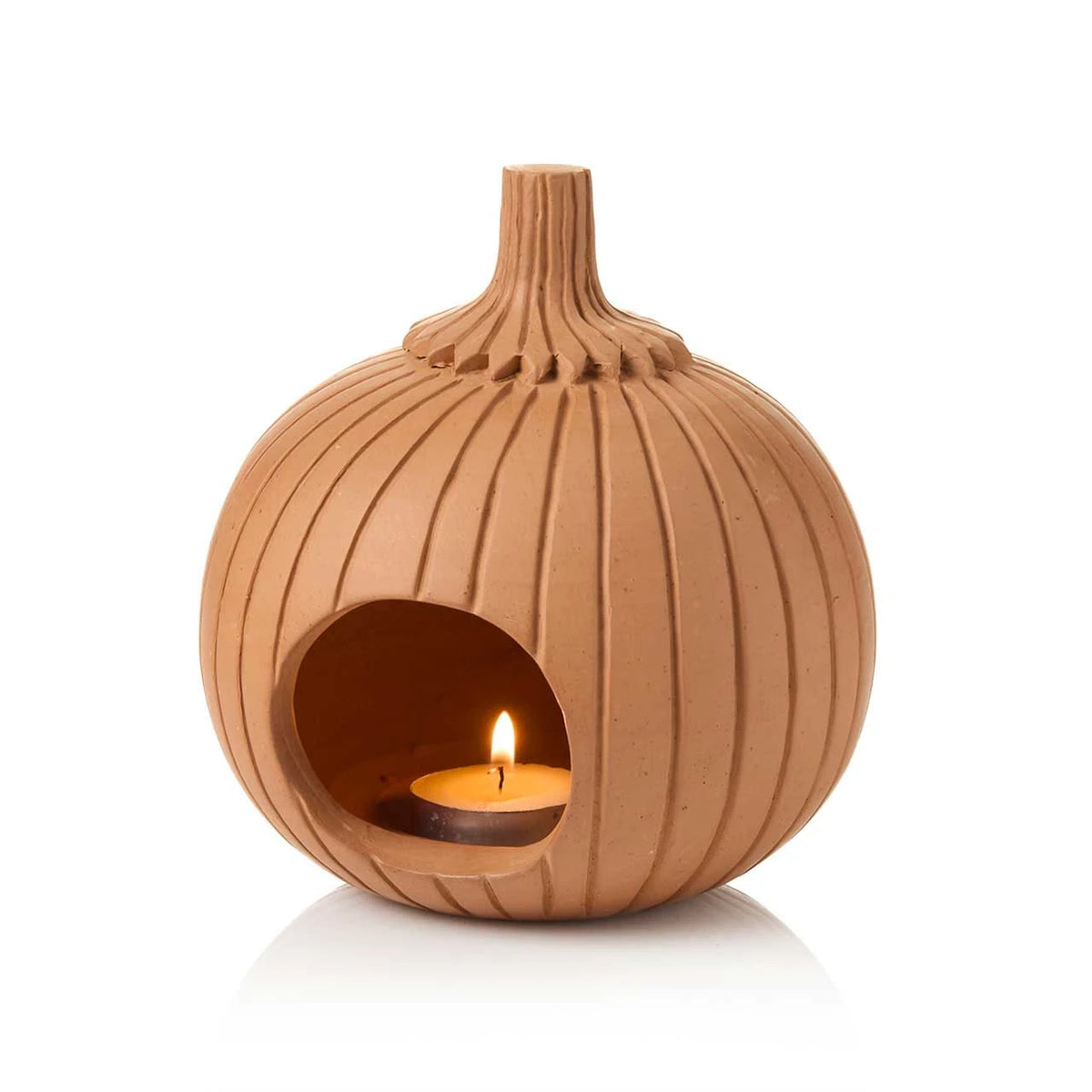 Hand-painted terracotta pumpkin lantern with a classic cutout jack-o’-lantern face.