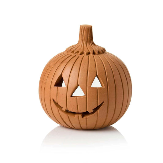 Hand-painted terracotta pumpkin lantern with a classic cutout jack-o’-lantern face.