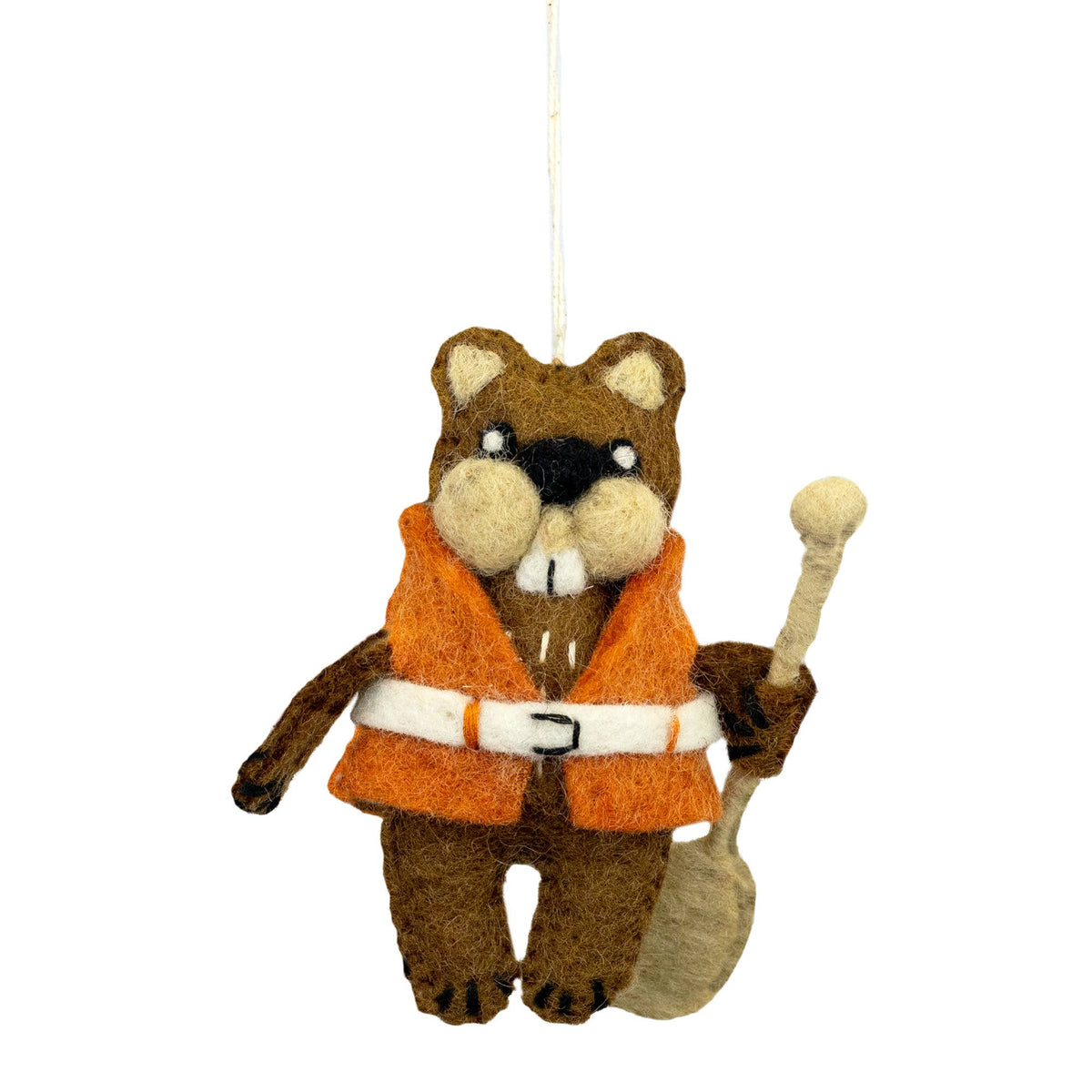 Felted beaver ornament wearing an orange life jacket and holding a tan paddle on a white background.