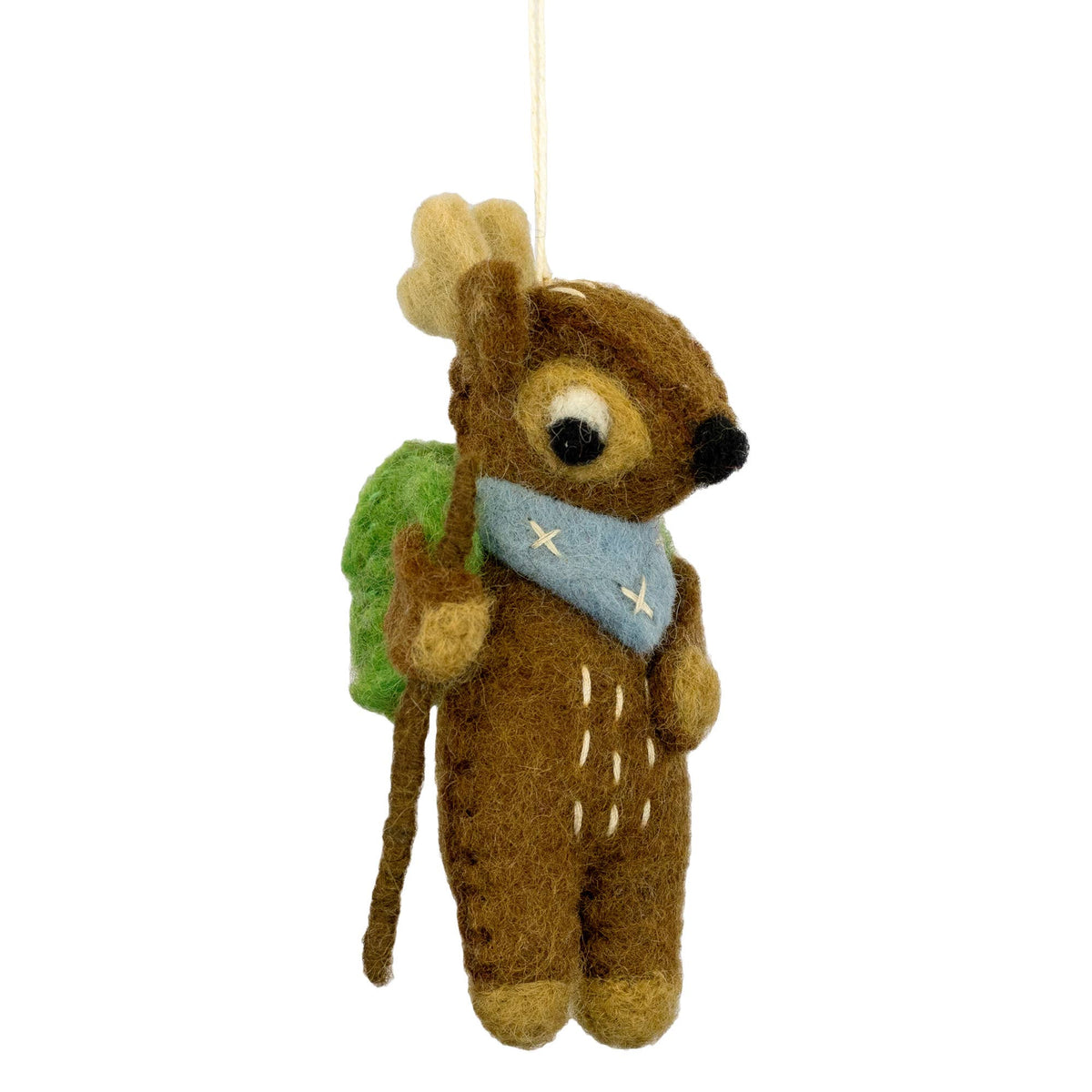 Felted deer ornament with a green backpack, blue bandana and hiking stick on a white background