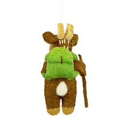 The back of a felt deer character with a green backpack and hiking stick and white tail on a white background