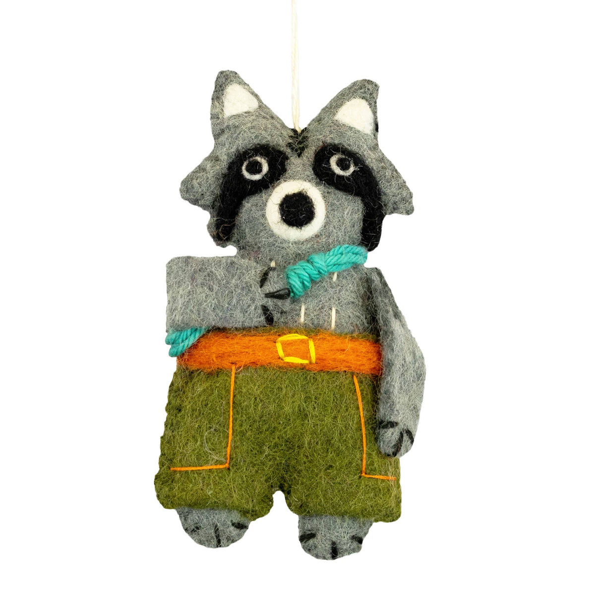 A felt raccoon hanging ornament dressed in green pants, an orange belt, shown holding blue climbing rope against a plain white background.
