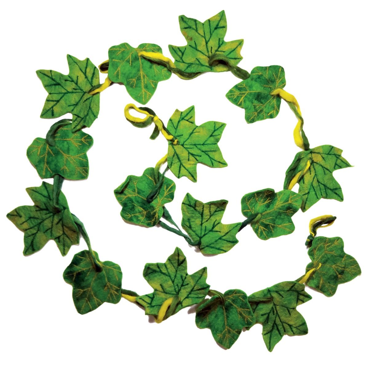 Green felted leaf garland on a white background