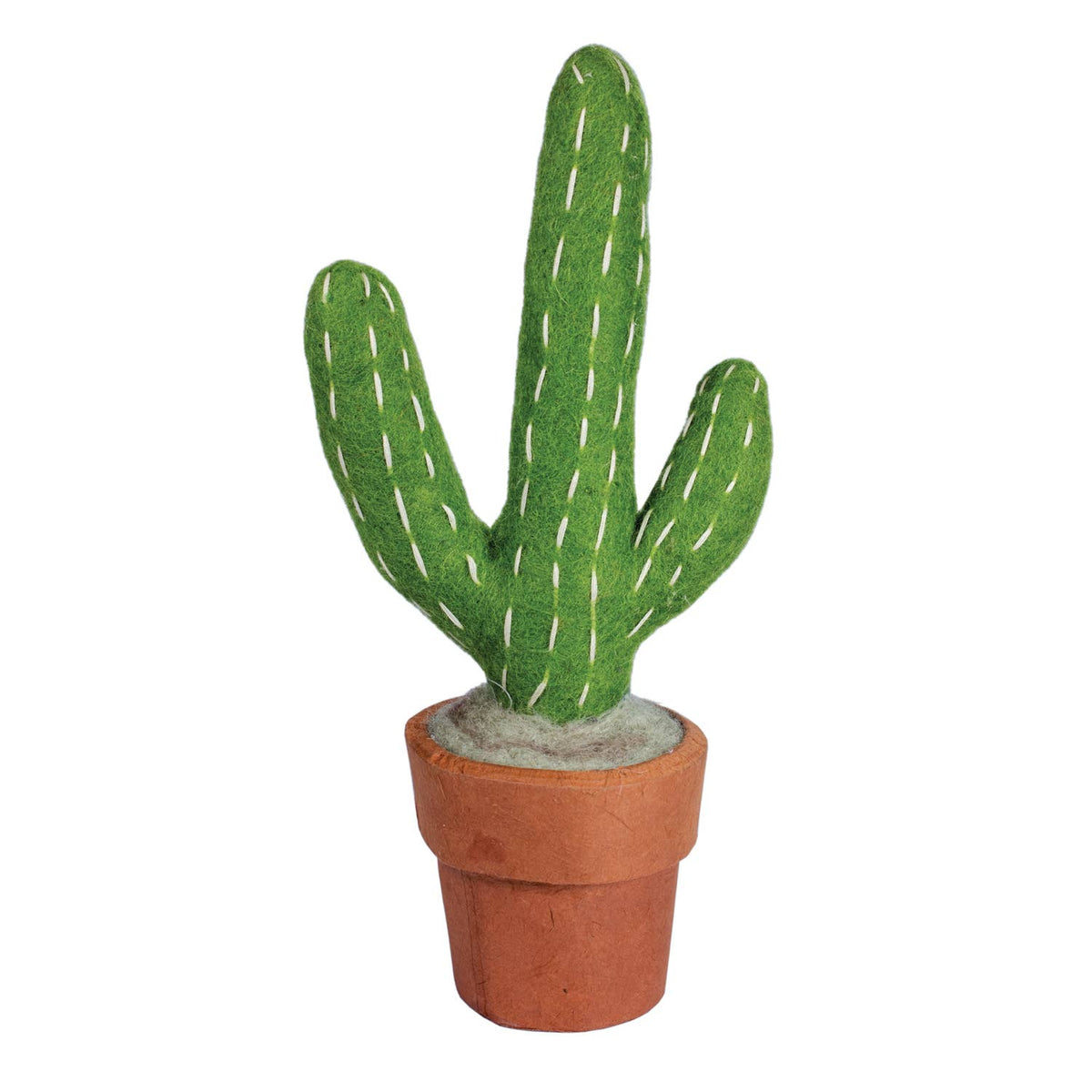 A green felt cactus with white stitched details in a terracotta-colored pot, isolated on a white background.