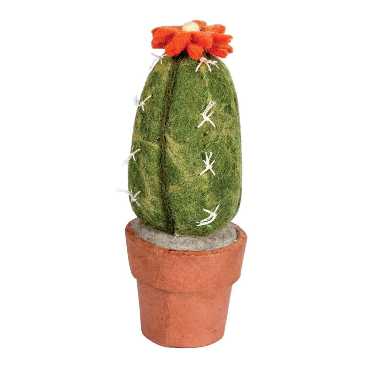 A felted wool San Pedro cactus decoration in a terracotta-colored pot, featuring a green body with white felted stingers and a bright orange flower on top, isolated on a white background.