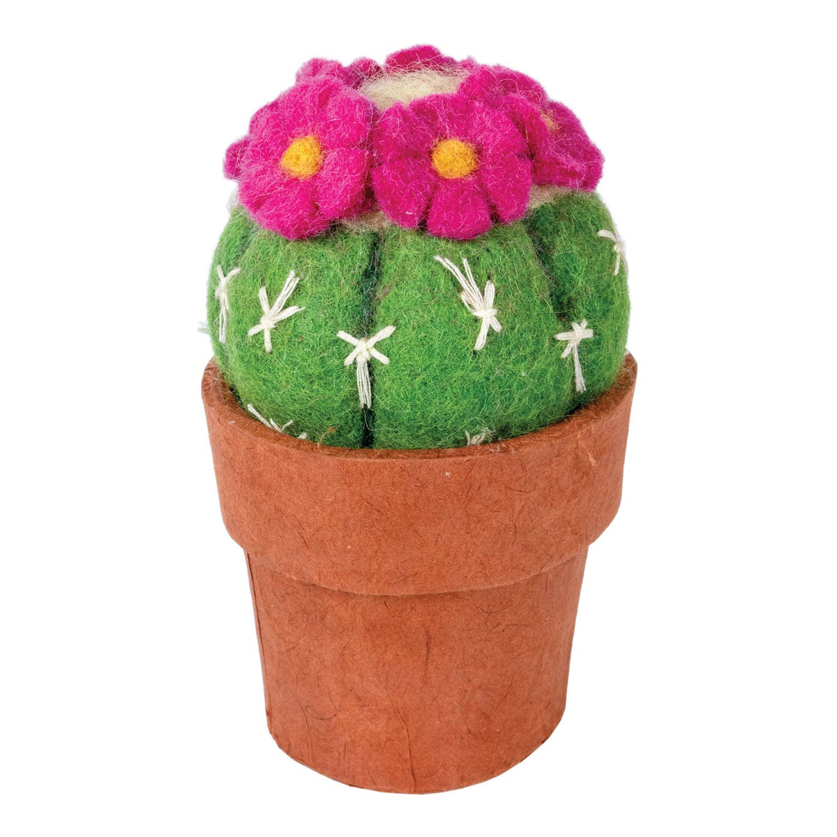 A felt cactus decoration in a terracotta-colored pot, featuring a green cactus body with white felt, two bright pink flowers, and yellow flower centers, isolated on a white background.