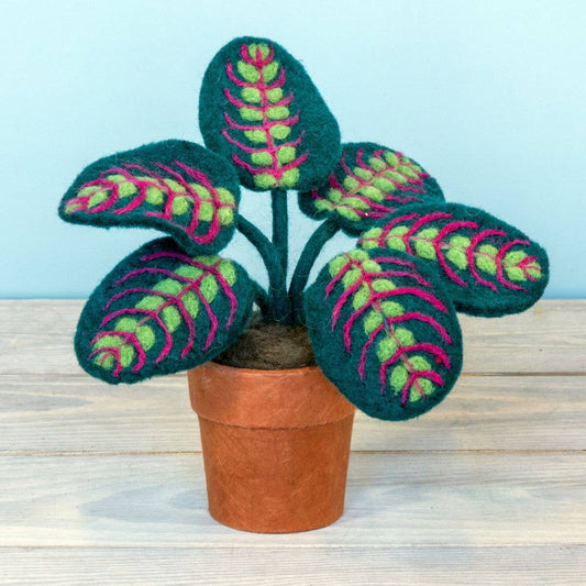 Felted potted plant with green and pink leaves on a wooden surface.