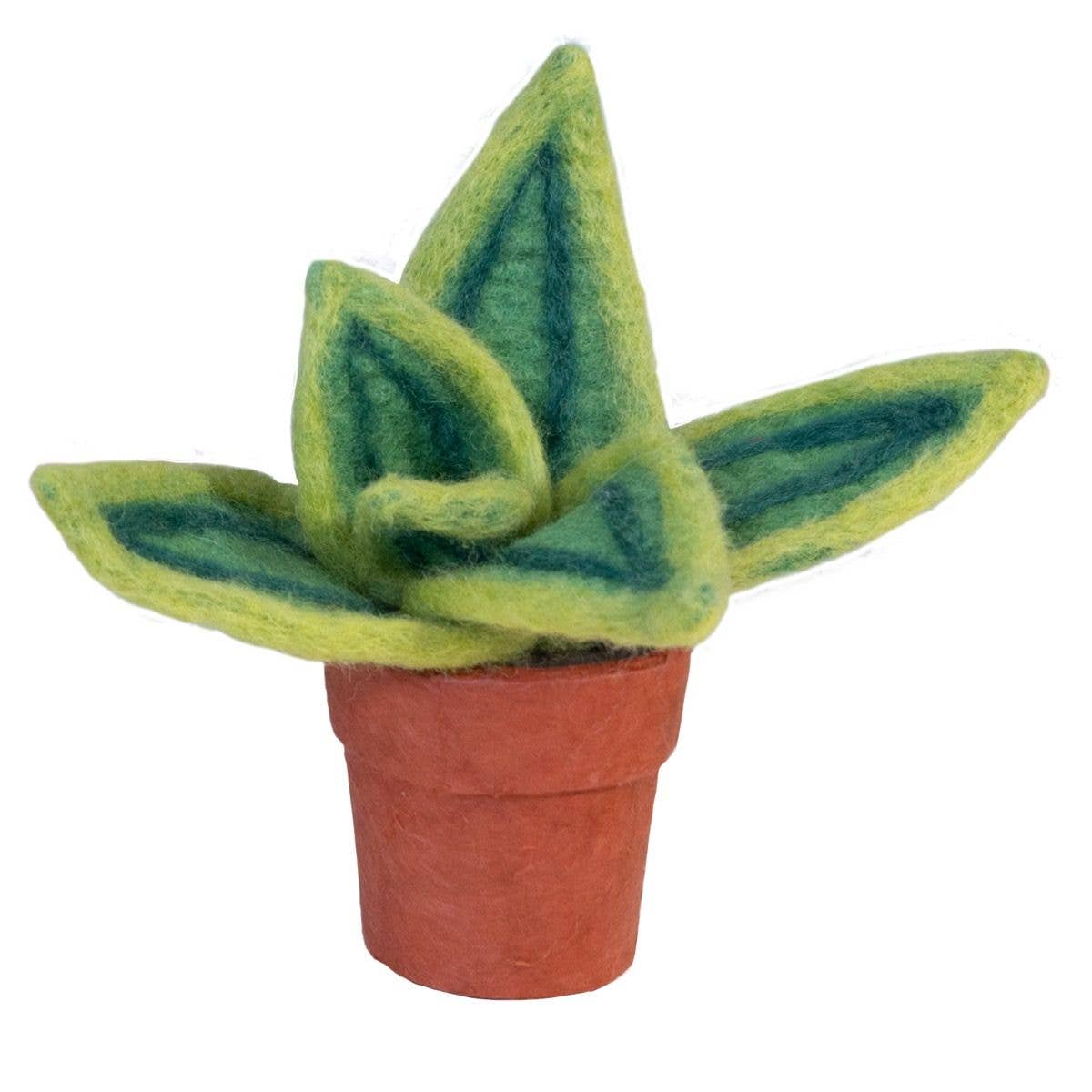 Felted green plant in a terracotta pot on a white background.