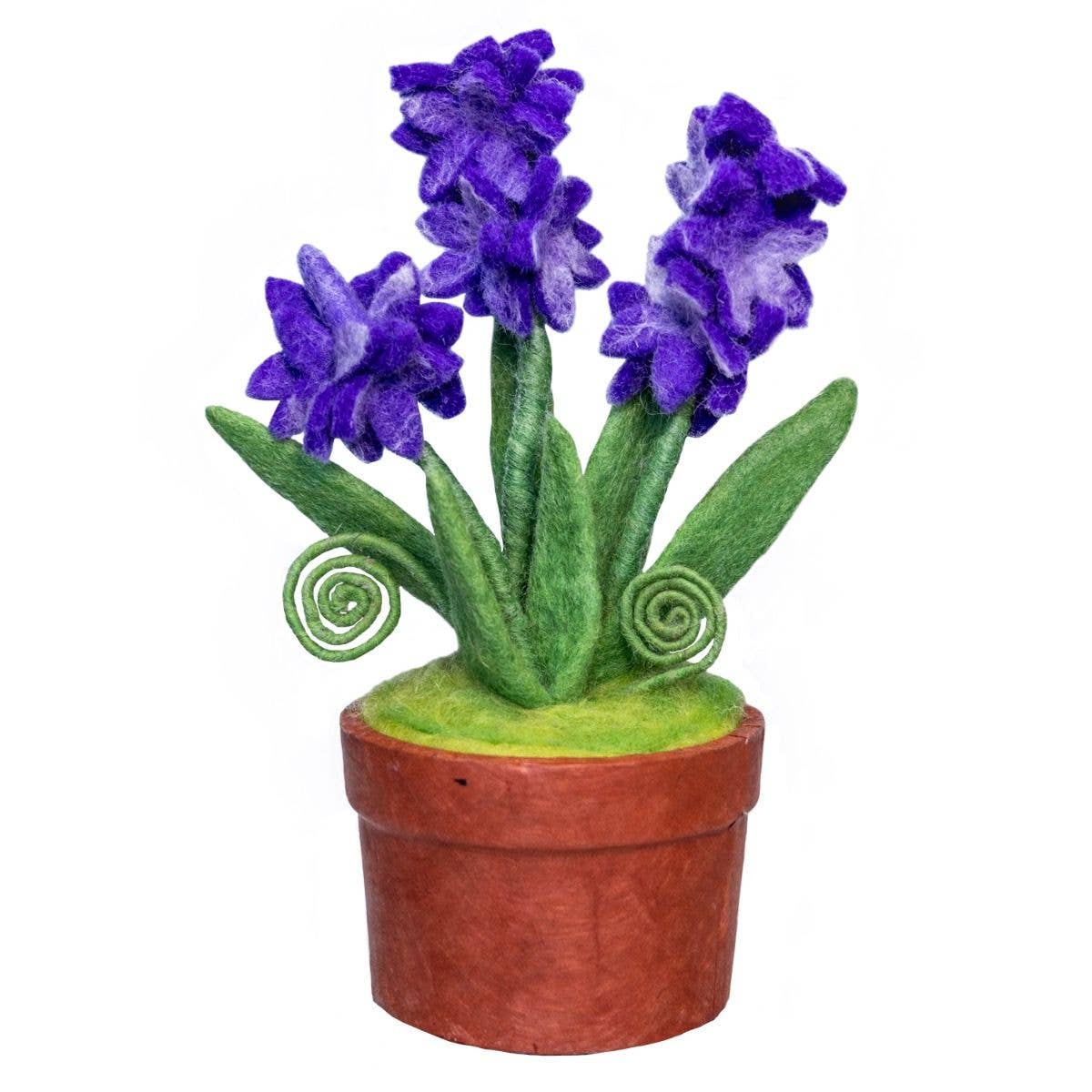 Felted model of a potted plant with purple flowers and green leaves on a white background
