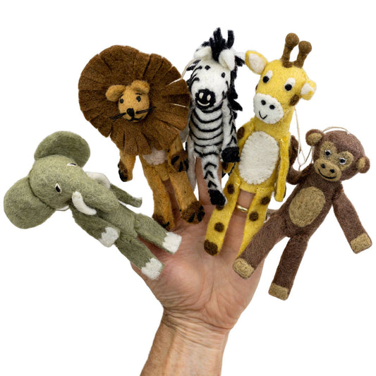 Set of five finger puppets including a lion, zebra, giraffe, monkey, and elephant held by a hand on a white background.