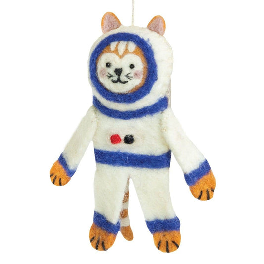 A felt cat astronaut ornament hanging by a thin white string against a plain white background.