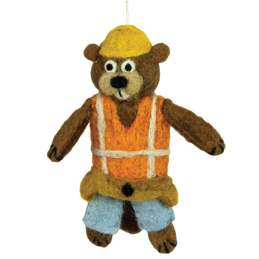 A felted wool beaver ornament dressed as a construction worker, wearing a yellow hard hat, orange safety vest with white stripes, and light blue pants, shown against a plain white background.