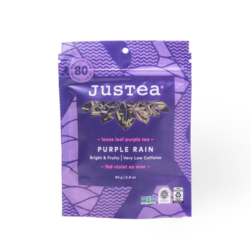 Justea Purple Rain tea package on a white background