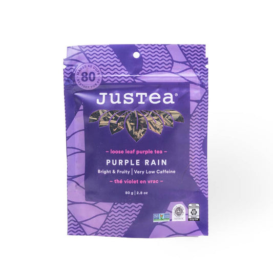Justea Purple Rain tea package on a white background