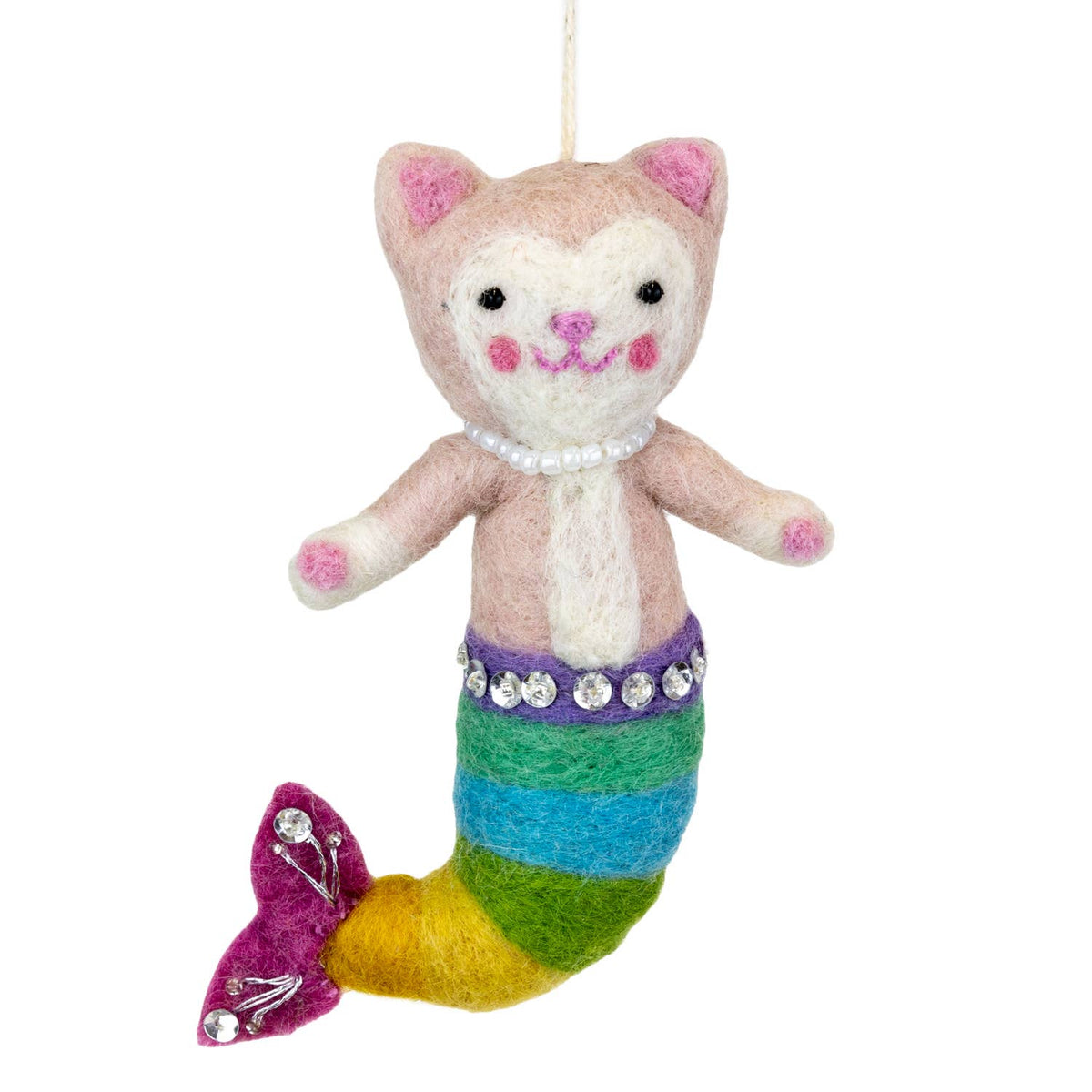Felted cat mermaid ornament with a colorful tail on a white background