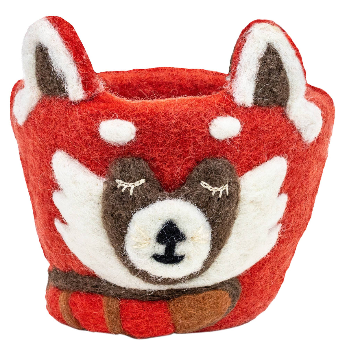 Red felt container shaped like a red panda face on a white background
